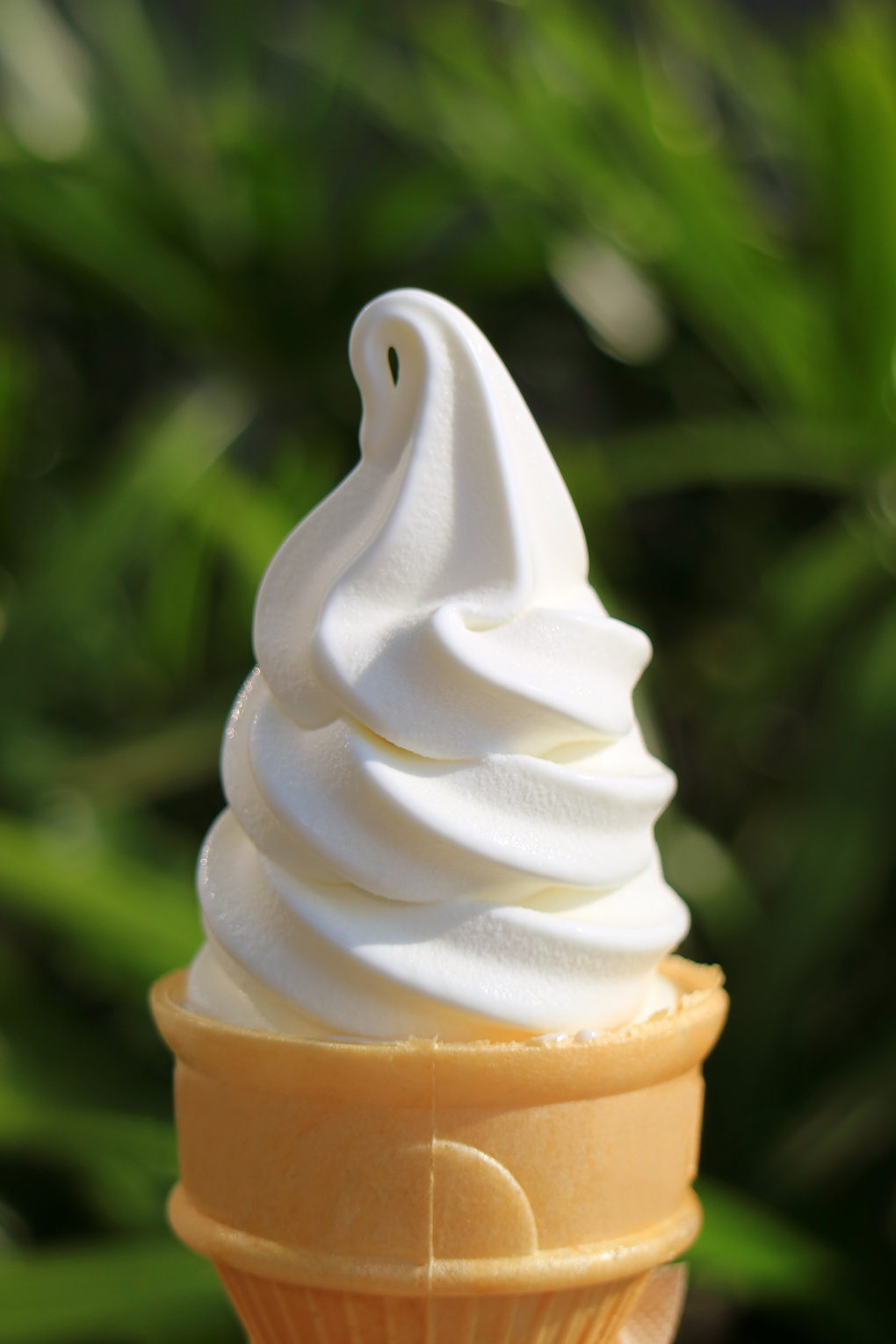 Vanilla soft serve ice cream cone in the sunlight